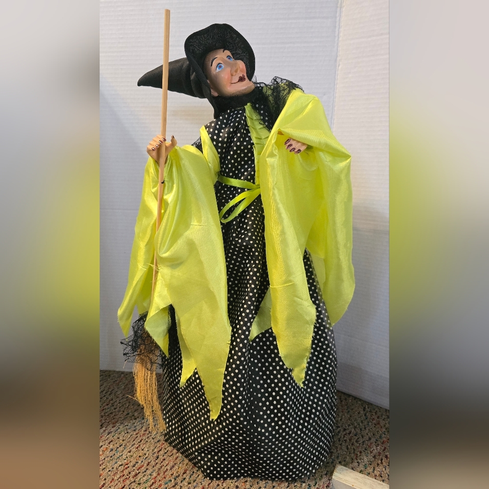 Halloween Decor Blue Eyed Witch Made On Umbrella Prop Pointy Chin Broom Indoor